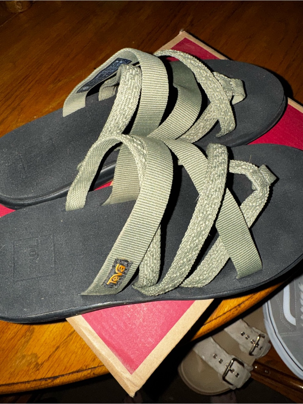 Teva Olive Green Multi-Strap Slide Sandals with Black Footbed